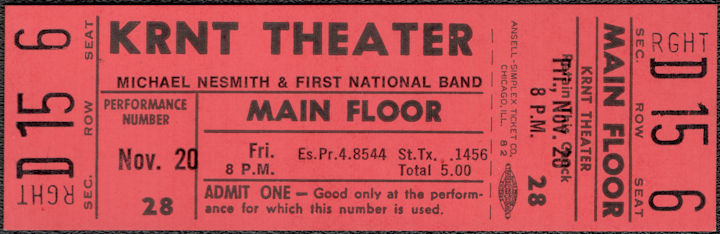 ##MUSICBPT0055 - 1970 Michael Nesmith (Monkees) & The First National Band Ticket from the KRNT Theater - Colors Vary