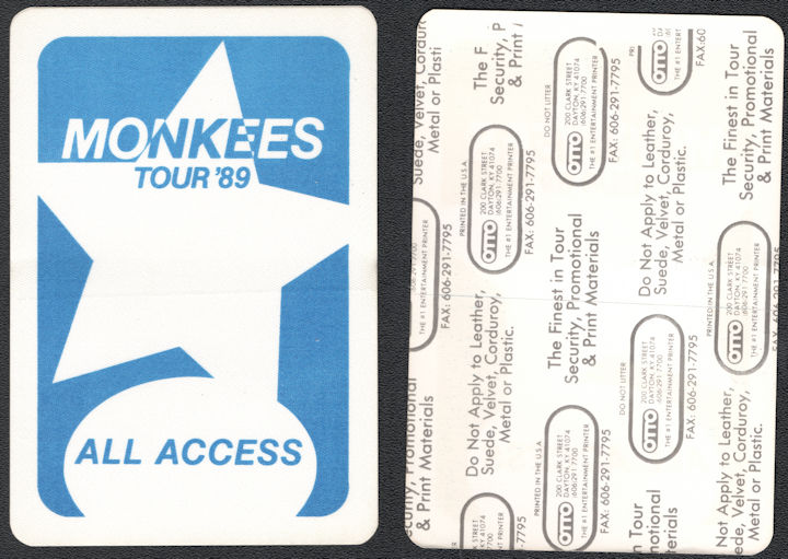 ##MUSICBP0985 - The Monkees OTTO Cloth All Access Pass from the 1989 Tour