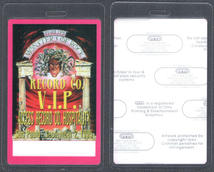##MUSICBP1554 - 1995 Monsters of Rock OTTO Laminated Record Company/VIP Pass - Ozzy, Alice Cooper
