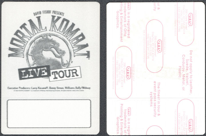 ##MUSICBP1658 - Rare 1995 Mortal Kombat Live Tour OTTO Cloth Backstage Pass