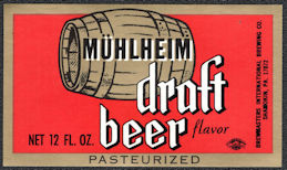 #ZLBE128 - Mühlheim Draft Beer Bottle Label - Shamokin, PA