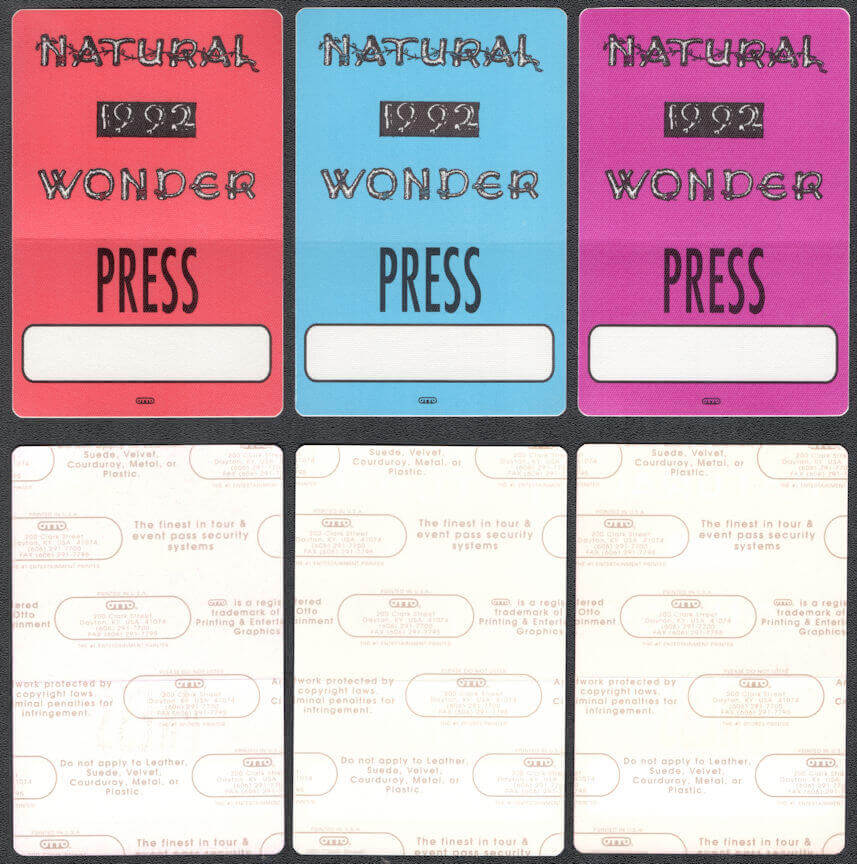 ##MUSICBP1060  - Group of 3 Different 1992 Stevie Wonder OTTO Cloth Press Passes from the Natural Wonder Tour