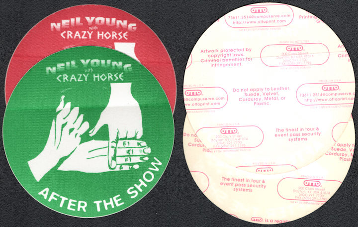 ##MUSICBP1002 - 2 Different 2005 Neil Young and Crazy Horse After Show OTTO Cloth Backstage Passes