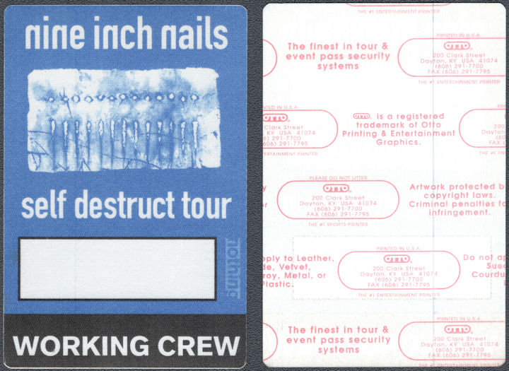 ##MUSICBP1635 - Nine Inch Nails OTTO Cloth Working Crew Pass from the 1994 Self Destruct Tour