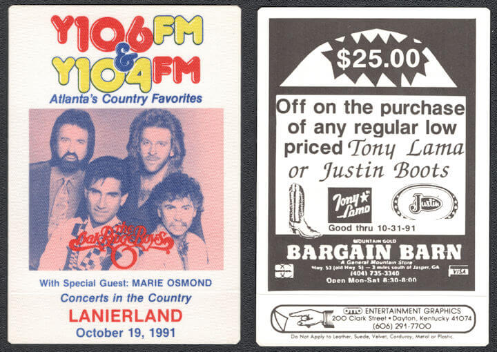 ##MUSICBP1015 - The Oak Ridge Boys Cloth Radio Backstage Pass from the 1991 Lanierland Concert