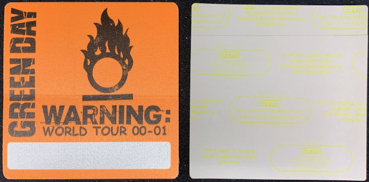 ##MUSICBP1524 - Green Day OTTO Cloth Backstage Pass from the 2000-01 Warning Tour