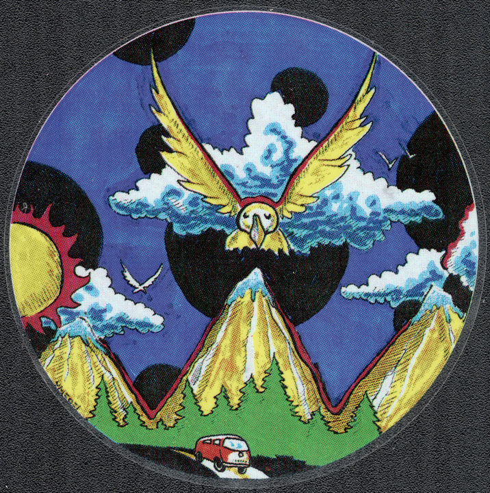 ##MUSICGD2061 - Grateful Dead Window Sticker/Decal - Owl Flying Over Mountains and VW Bus