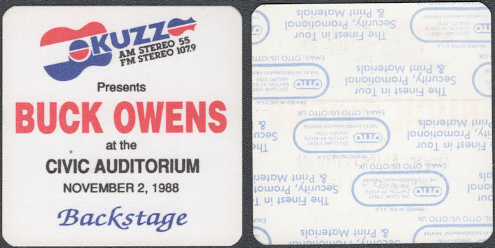 ##MUSICBP2151 - Rare Buck Owens OTTO Cloth Radio Backstage Pass from the 1988 Show