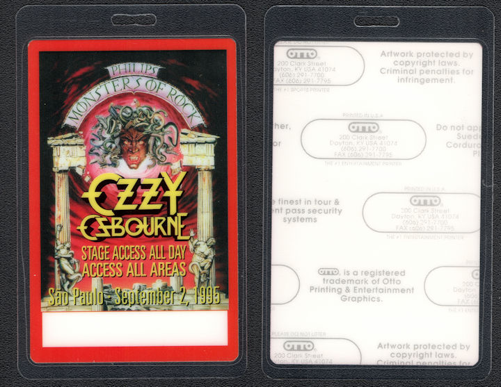 ##MUSICBP2083 - Ozzy Osbourne Laminated OTTO All Access Backstage Pass from the 1995 Monsters of Rock Festival