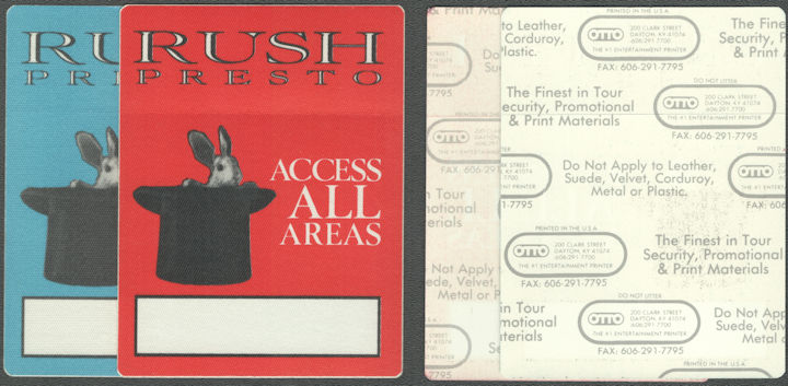 ##MUSICBP2070 - Pair of Rare Rush OTTO Cloth Access All Areas Passes from the 1990 Presto Tour