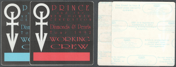 ##MUSICBP2082 - Pair of Different Colored Prince and the New Power Generation OTTO Cloth Working Crew Backstage Passes from the 1992 Diamonds & Pearls Tour
