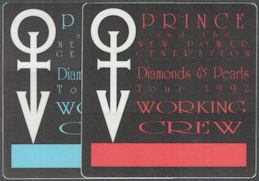 ##MUSICBP2082 - Pair of Different Colored Prince and the New Power Generation OTTO Cloth Working Crew Backstage Passes from the 1992 Diamonds & Pearls Tour