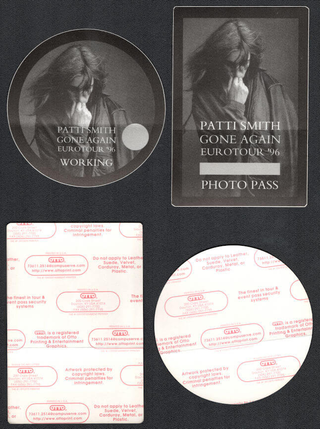##MUSICBP1018 - Pair of Patti Smith Working, and Photo Pass Backstage Passes from the 1996 Gone Again Euro Tour