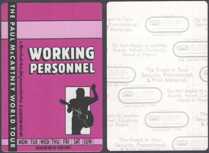 ##MUSICBP1976 - Paul McCartney OTTO Cloth Working Personnel Pass from the 1989-90 World Tour