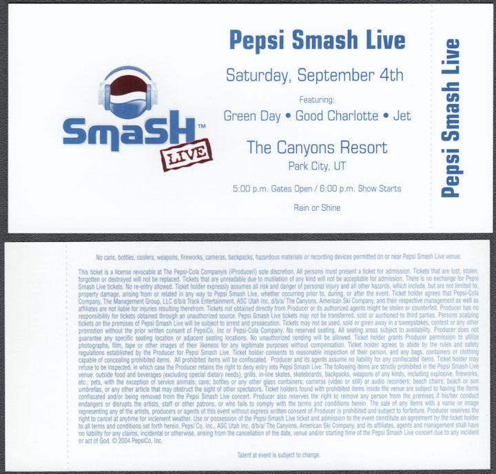 ##MUSICBPT0065 - 2004 Pepsi Smash Live Ticket for the Canyons Resort Show - Green Day, Good Charlotte, Jet
