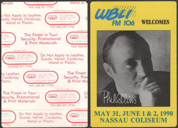 ##MUSICBP0721  - Scarce Phil Collins OTTO Cloth Radio Pass from the 1990 Concert at Nassau Coliseum