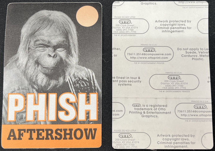 ##MUSICBP1710 - PHISH OTTO Cloth After Show Pass from the 1998 Story of the Ghost Tour - Dr. Zauis (Planet of the Apes)