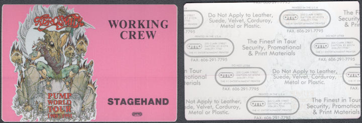 ##MUSICBP2100  - Aerosmith OTTO Cloth Working Crew Stagehand Pass from the 1989-91 Pump World Tour - Very Rare