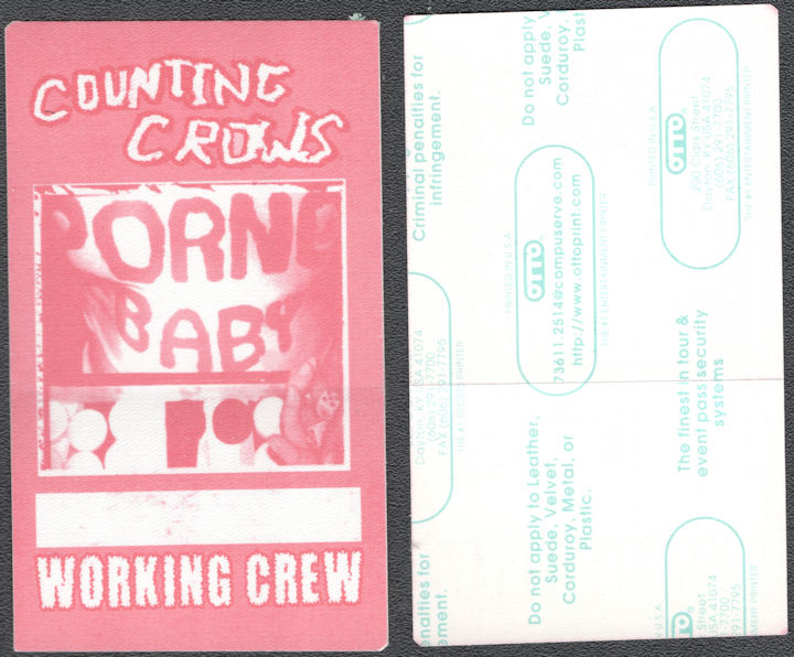 ##MUSICBP1467  - Rare Counting Crows OTTO Cloth Working Crew Pass from the 2002 Porno Baby Tour