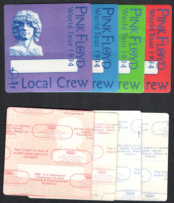 ##MUSICBP1016 - Group of 4 Pink Floyd OTTO Cloth Local Crew Backstage Passes from the 1994 Division Bell Tour