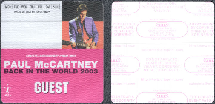 ##MUSICBP1700 - Paul McCartney OTTO Cloth Guest Pass from the 2003 Back in the World Tour