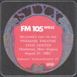 ##MUSICBP0052  - 1981 Styx Radio Promo Commemorative OTTO Backstage Pass - FM 105 WKLC