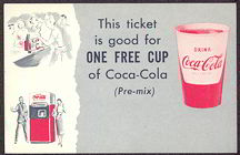 #CC189 - Coca Cola This Ticket Good for One Free Cup Coupon
