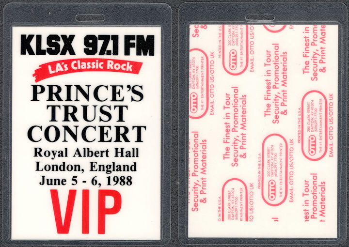 ##MUSICBP1401 - The Prince's Trust Concert OTTO Laminated VIP Pass from 1988 - Eric Clapton, The Bee Gees, Elton John