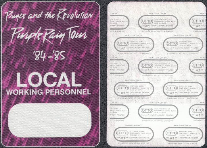 ##MUSICBP1877 - Prince and the Revolution 1984-85 Purple Rain OTTO Local Working Personnel Backstage Pass