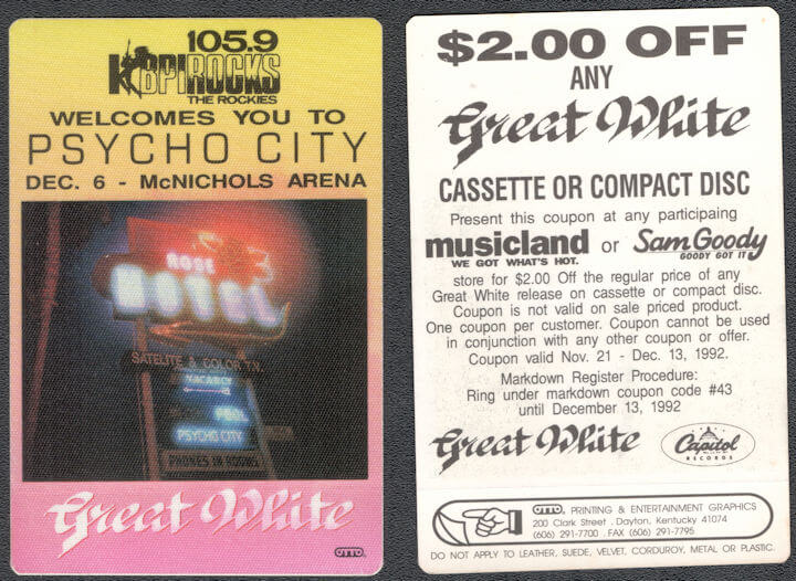 ##MUSICBP1380  - Group of 12 Great White Cloth OTTO Radio Pass from the 1992 Psycho City Tour - McNichols Arena