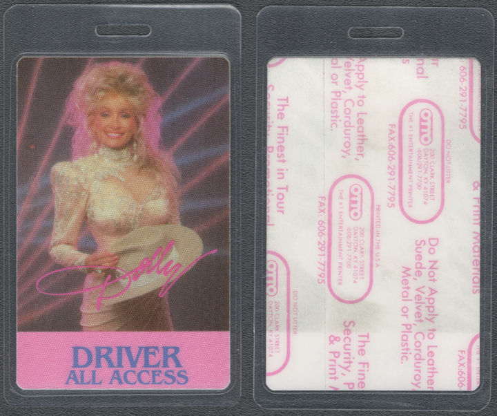 ##MUSICBP02049- Dolly Parton Laminated Cloth OTTO Driver/All Access Backstage Pass from 1989 White Limozeen Tour