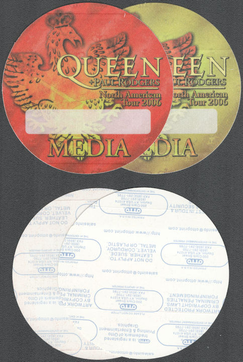 ##MUSICBP2050 - Pair of 2 Different Colored Queen OTTO Cloth BackStage Passes from the 2006 North American Tour