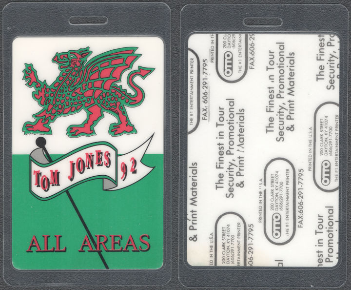 ##MUSICBP1944 - Tom Jones OTTO Laminated All Areas Pass from the 1992 Tom Jones World Tour