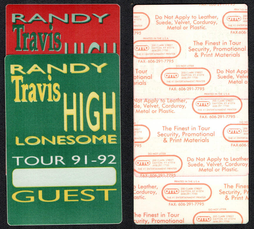 ##MUSICBP1024 - Pair of 1991/92 Randy Travis OTTO Cloth Guest Backstage Passes from the High Lonesome Tour