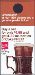 #CC183 - Coca Cola Bottle Hanger with "It's the Real Thing" ad for Pewter Mugs and Free Coke