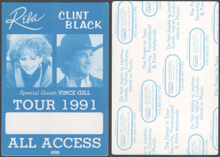 ##MUSICBP2172  - Rare Reba and Clint Black OTTO Cloth All Access Pass from the 1991 Tour - Vince Gill