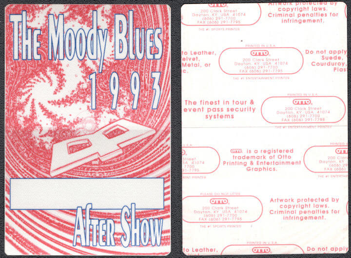 ##MUSICBP1308  - 1993 Moody Blues Tour OTTO Backstage After Show Pass from Tour of the World