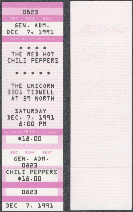 ##MUSICBPT0067 - Red Hot Chili Peppers Tickets from the 1991 Concert at The Unicorn in Houston, Texas