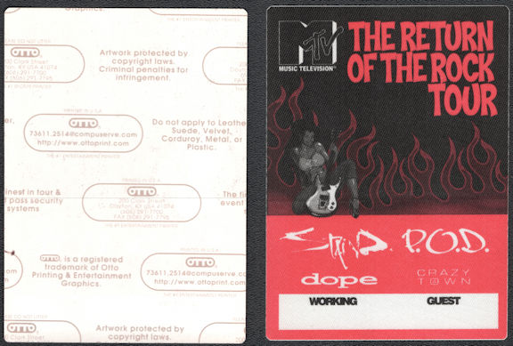 ##MUSICBP0705 - MTV The Return of the Rock Tour 2000 OTTO Cloth Backstage Pass - Staind, P.O.D., dope, Crazy Town
