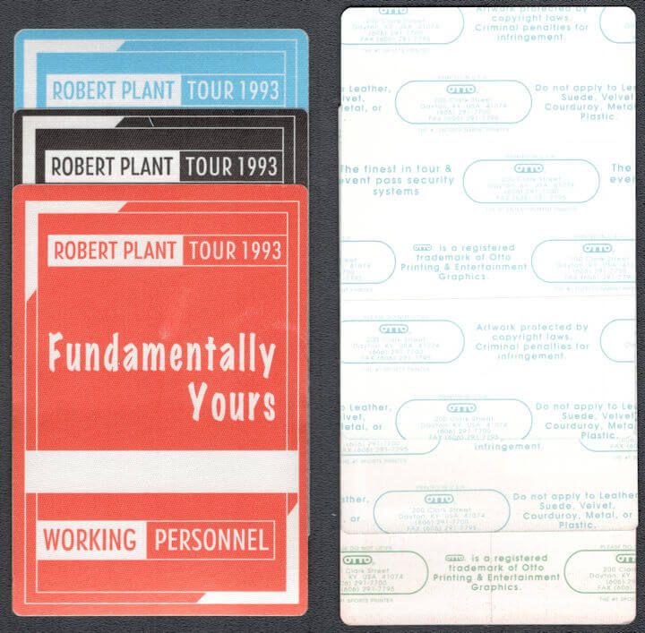 ##MUSICBP1044 - 3 Different Robert Plant Cloth Working Personnel Backstage Pass from the 1993 Fundamentally Yours Tour