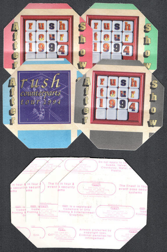 ##MUSICBP1032 - Group of 4 Rush OTTO Cloth Aftershow Backstage Passes from the 1994 Counterparts Tour