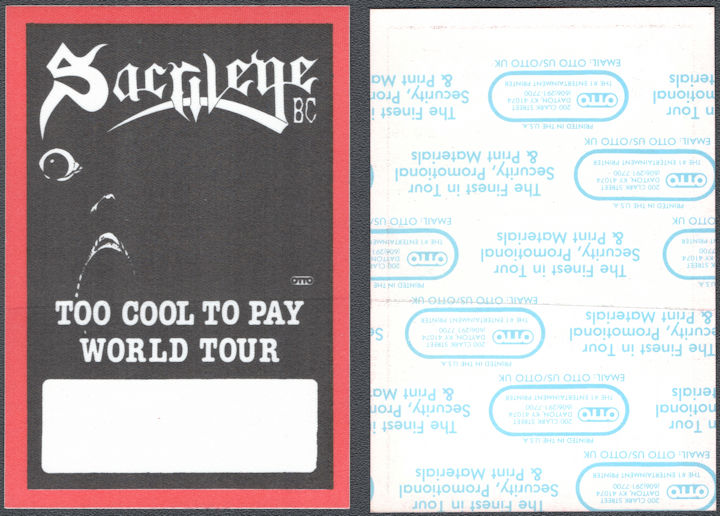 ##MUSICBP1711 - Sacrilege OTTO Cloth Backstage Pass from the 1988 Too Cool to Pay Tour