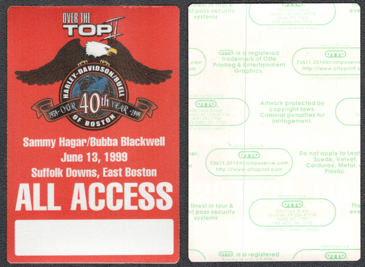 ##MUSICBP1043 - Harley Davidson/Buell Sammy Hagar and Bubba Blackwell Cloth All Access Backstage Pass from the 1999 Concert in Boston