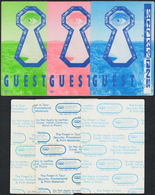 ##MUSICBP0650 - Group of 3 Different Colored Scorpions OTTO Cloth Backstage Guest Passes from the 1990 Crazy World Tour