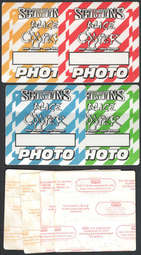 ##MUSICBP0865 - Group of 4 Different Colored Uncommon OTTO Cloth Alice Cooper/Scorpions Backstage Photo Passes from the One Night - One Stage Tour