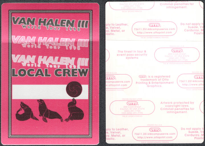 ##MUSICBP1786 - Van Halen OTTO Cloth Local Crew Pass from the 1998 Van Halen III Tour