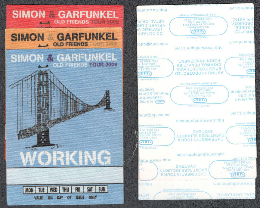 ##MUSICBP1040 - 3 Different Simon and Garfunkel Cloth Working Backstage Pass from the 2009 Old Friends Tour