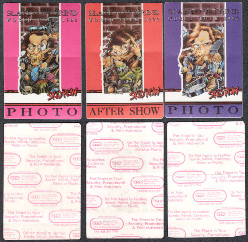##MUSICBP1057 - 3 Different Skid Row Cloth OTTO Photo Pass for the 1992 Slave to the Grind World Tour