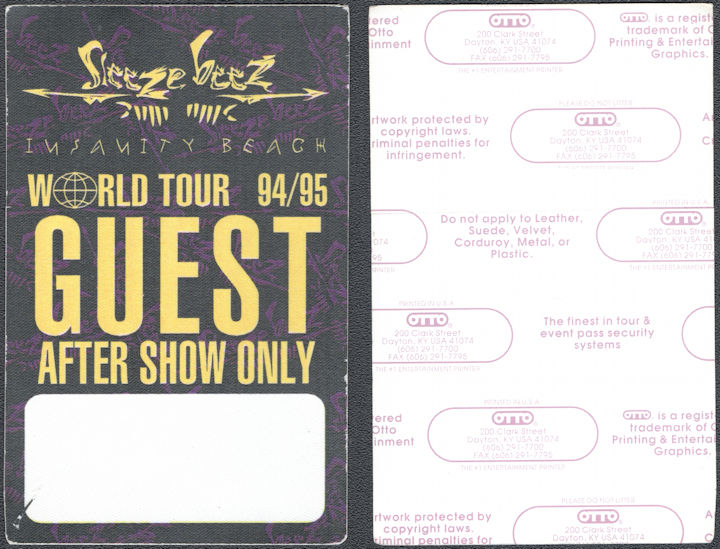 ##MUSICBP1707 - Sleeze Beez OTTO Cloth Guest After Show Only Pass from the 1994/95 Insanity Beach Tour