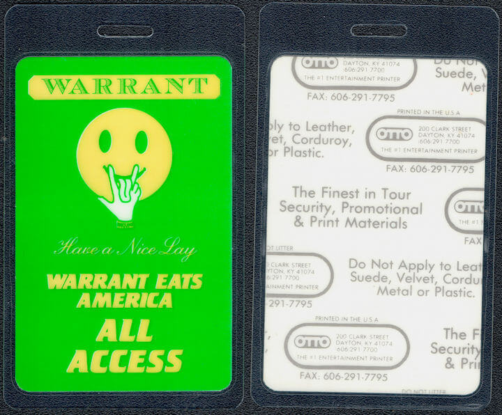##MUSICBP1758 - Very Rare Warrant OTTO Laminated All Access Pass from the 1989 Warrant Eats America Tour